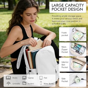 Simple School Backpack,Bookbag Casual Lightweight Travel Rucksack Daypack Backpacks for Men Women College High School Bags backpack for Boys Girls Teens (White)