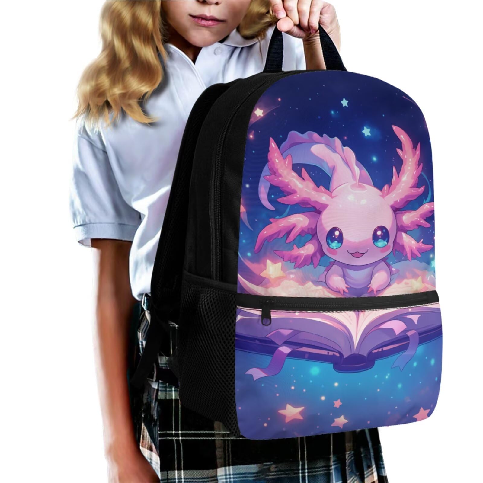 4 in 1 Schulset Kawaii Rucksack mit Lunchbox für Jungen Mädchen Alter 5-12, Axolotl Book, Tagesrucksäcke