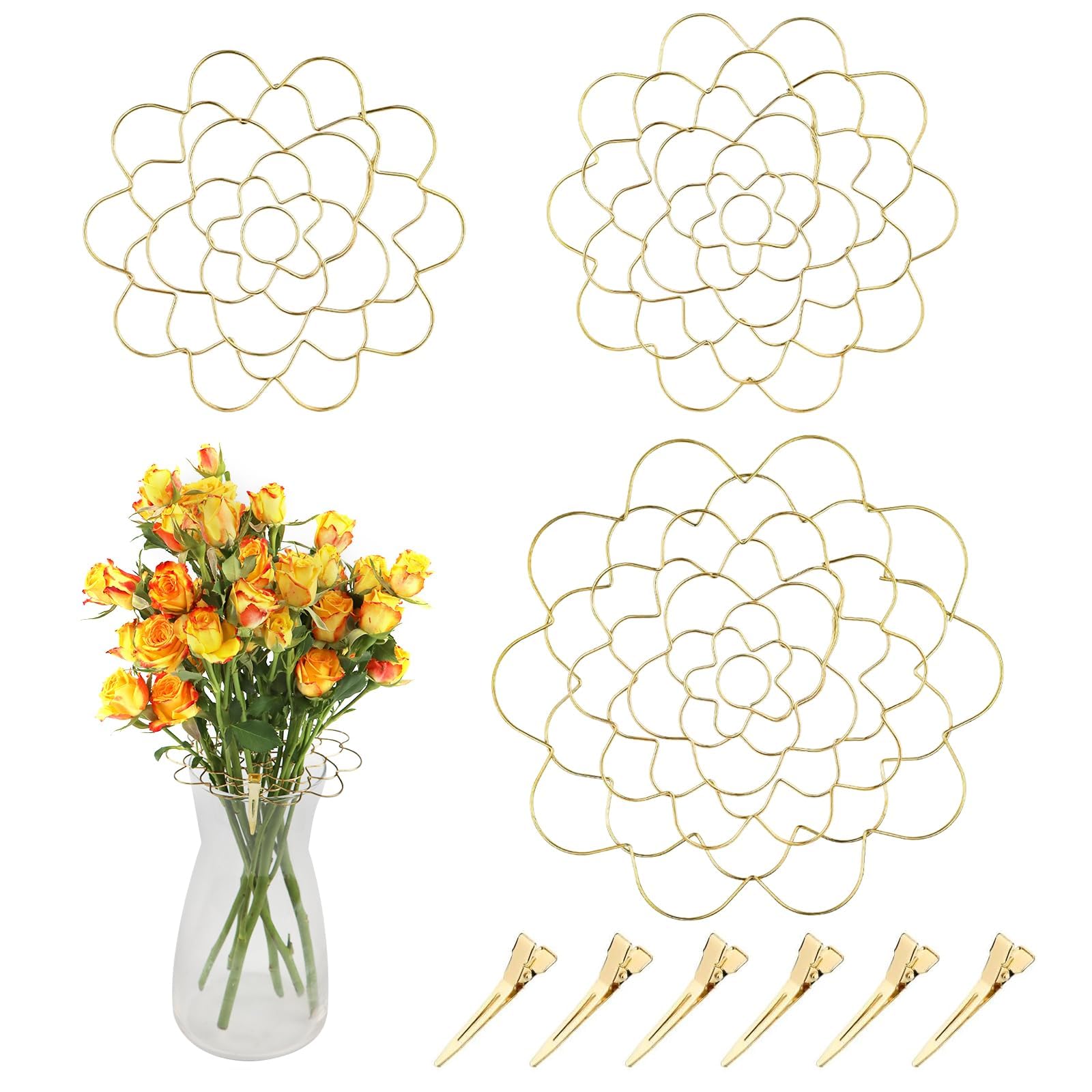 TSKDKIT 3 Stück Blumenhalter Edelstahl, Blumenarrangement Halter Blumenfrosch, 4/5/6 Zoll Spiralförmiger Ikebana-Stielhalter für Pflanzenfixierung, DIY-Blumenhalter(Gold)