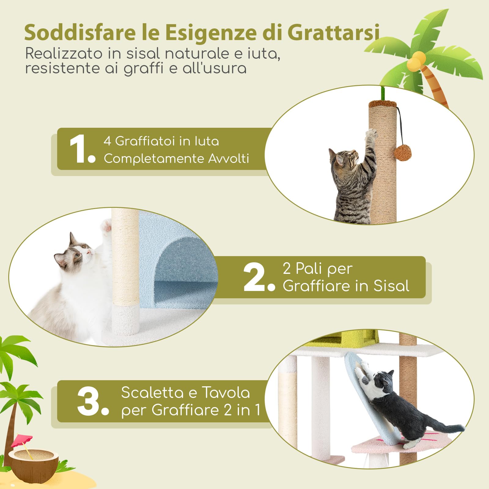 COSTWAY Tiragraffi per Gatto Alto 180 cm Stile Tropicale, Albero Tiragraffi Gatti con Pali con Corda in Juta, Piattaforme, 2 Grotte e Pompon, Torre Gatto Rivestito in Peluche, Blu e Verde
