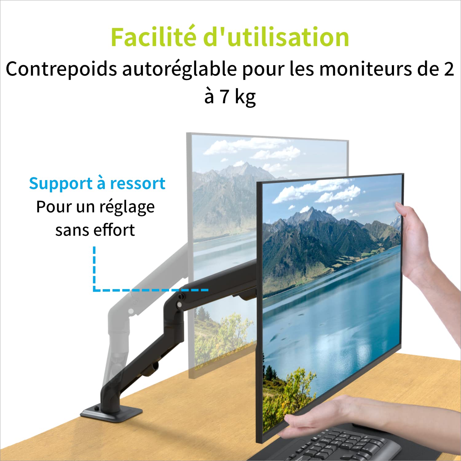 ACROPAQ - Braccio monitor - Braccio a molla, Girevole 360°, Per schermi da 17-27 pollici, Veloce da montare - Monitor arm, Braccio monitor scrivania - Nero