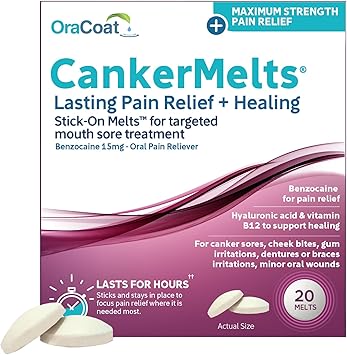 Oracoat CankerMelts Canker Sore Treatment - Stick-On Pain Relief Melts for Fast Acting Relief Inside Mouth with Benzocaine, Hyaluronic Acid & Vitamin B12, Pack of 20