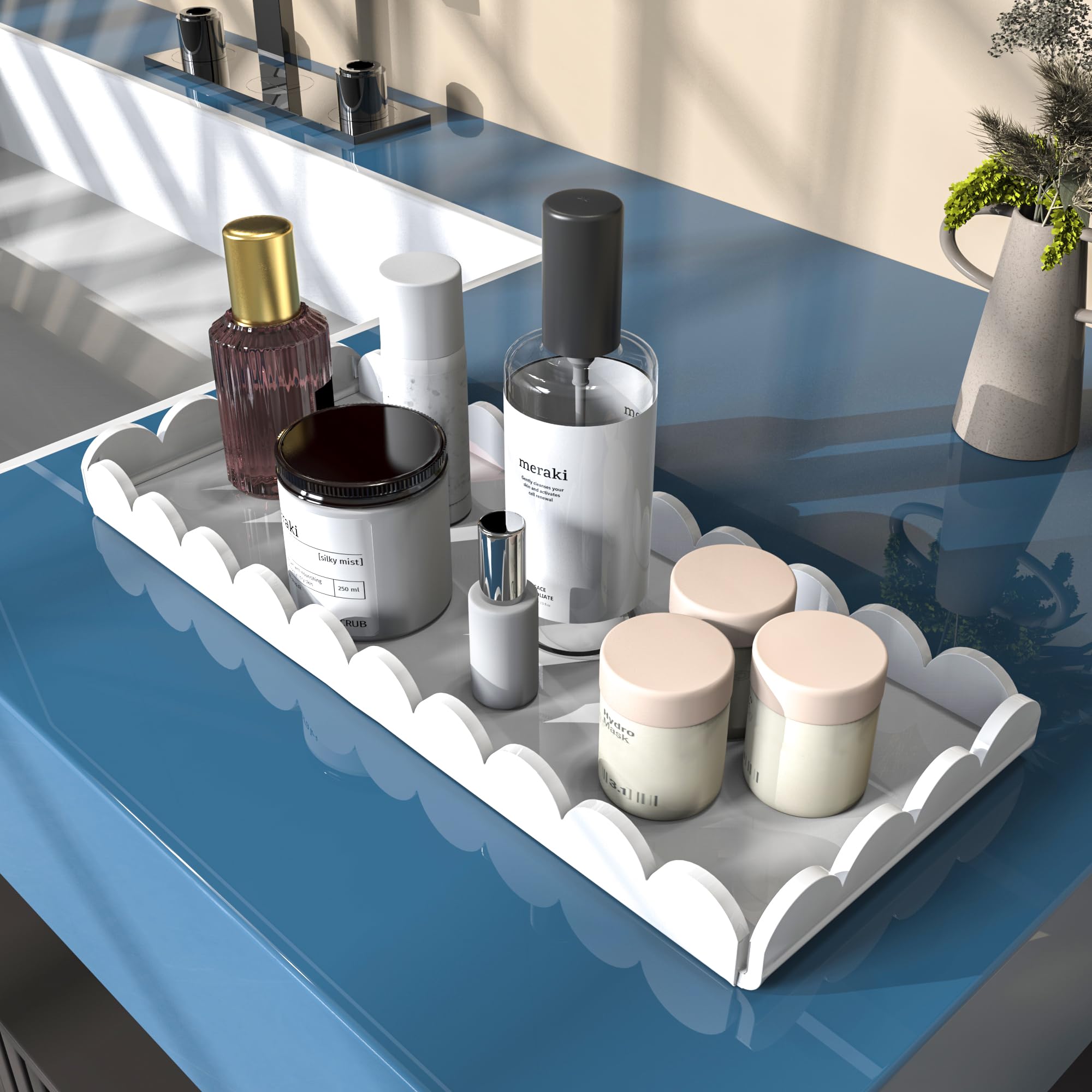 Paquete de 2 bandejas de acrílico blanco festoneado para tocador de baño para mostrador, bandejas acrílicas transparentes para organizar perfume, esponja, jabón, maquillaje, soporte de almacenamiento