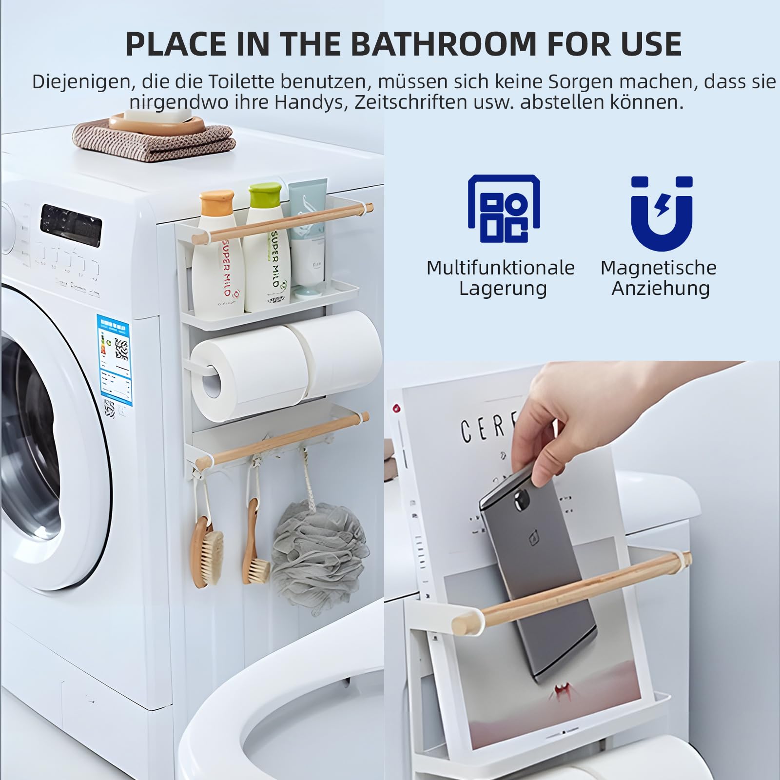 Mensola Magnetica Porta Spezie per Frigorifero – Organizer da Cucina a 3 Ripiani con 6 Ganci, Design in Legno – Scaffale per Spezie, Asciugamani, Barattoli e Carta da Cucina