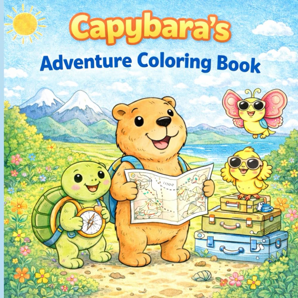 Capybara Adventure Coloring Book: Cute Animal Coloring Book for Kids | Fun Travel-Themed Coloring Pages