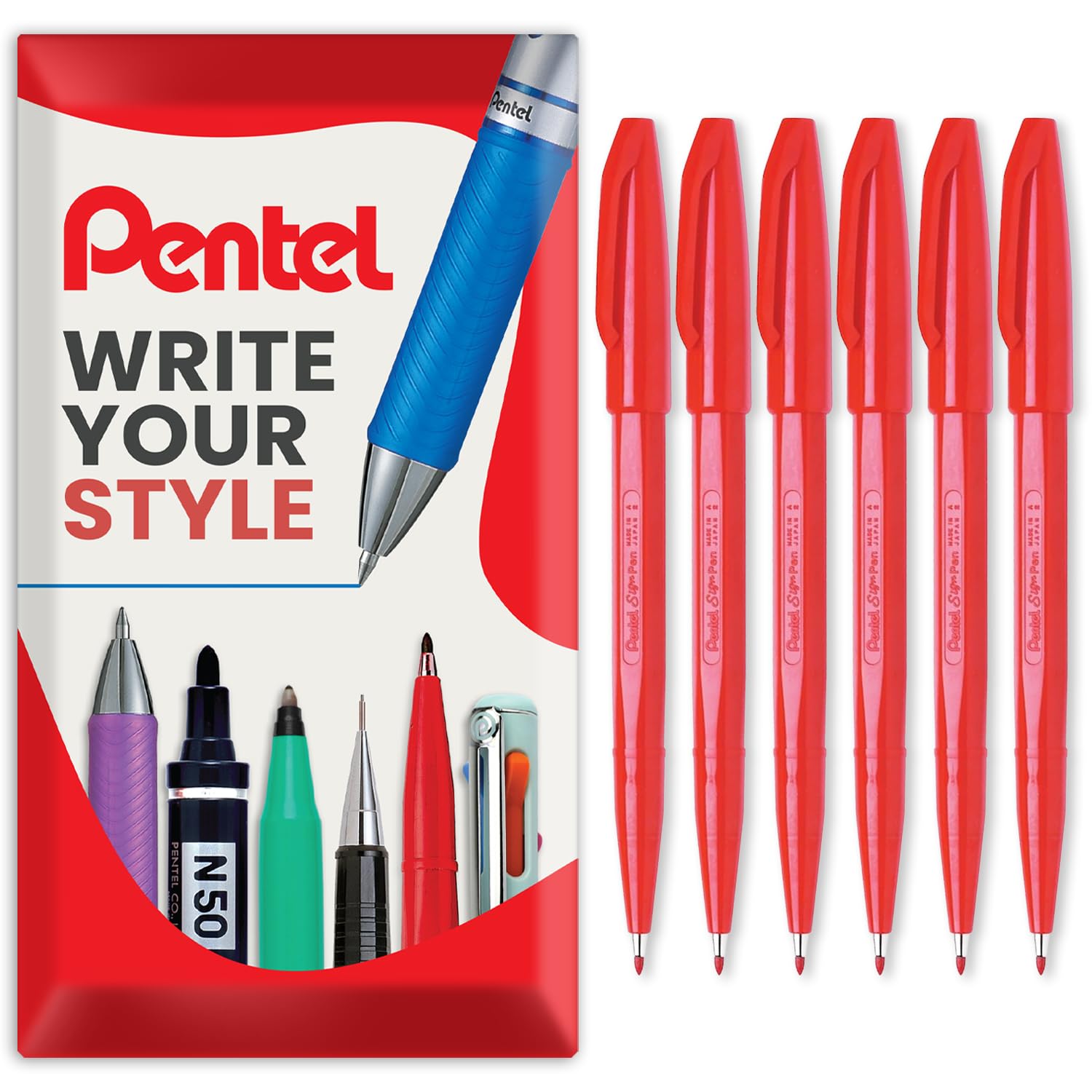 Pentel S520 Original Sign Pen Fibre Tip Marker Fineliner Pens - 2mm Nib - 1mm Line - Red Ink - Pack of 6 in Envelope Gift Packaging