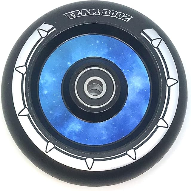 Team Dogz 100mm Scooter Wheel Single with Galaxy Blue Core and Black 88A PU with ABEC11 bearings.