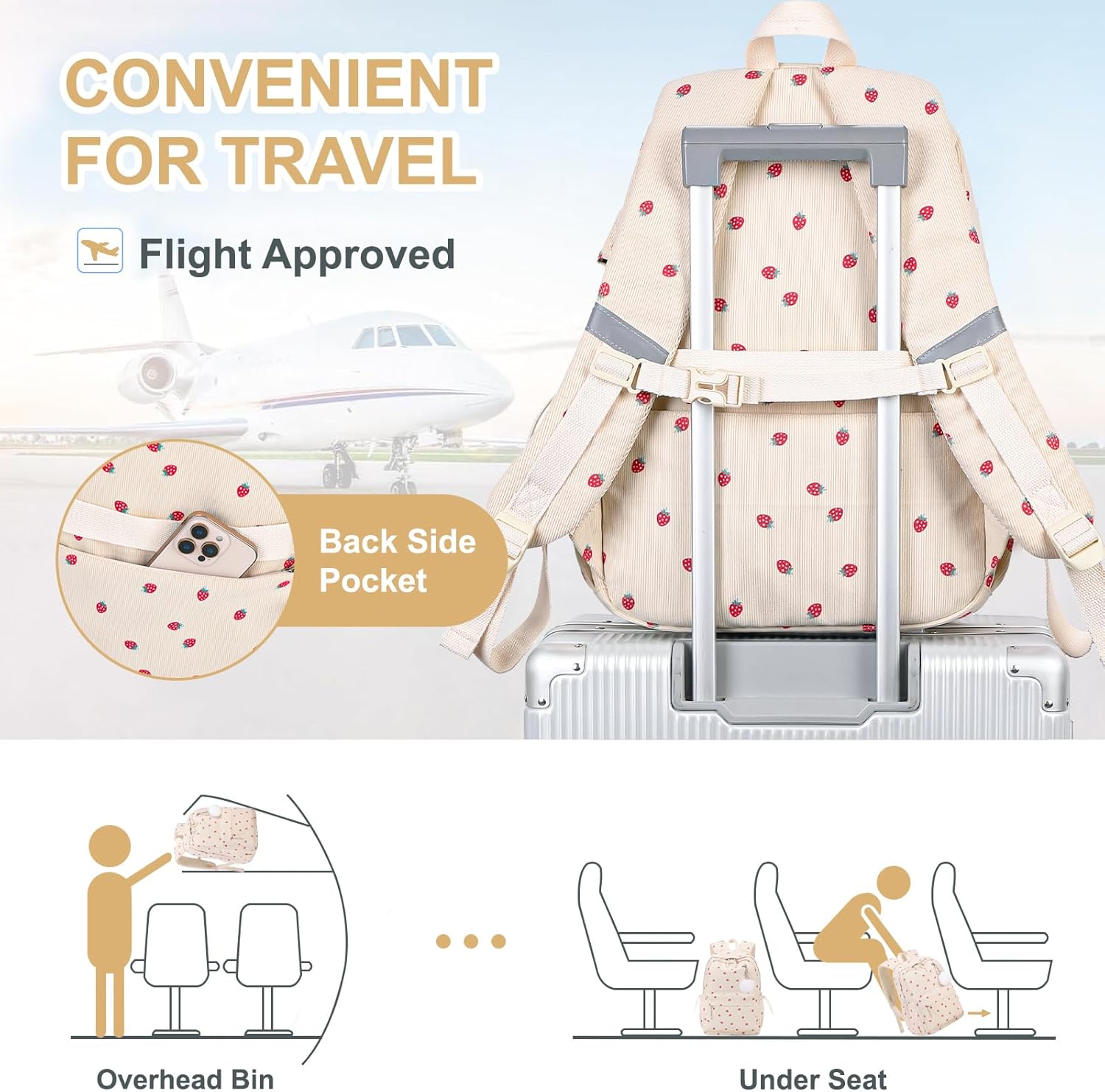 Backpack for Girls - Corduroy Girls Backpack with Lunch Bag & Pencil Pouch for Teen Kids Laptop Backpack for Women, Middle High School Bookbag Travel Daypack (Beige Strawberry) - Image 5