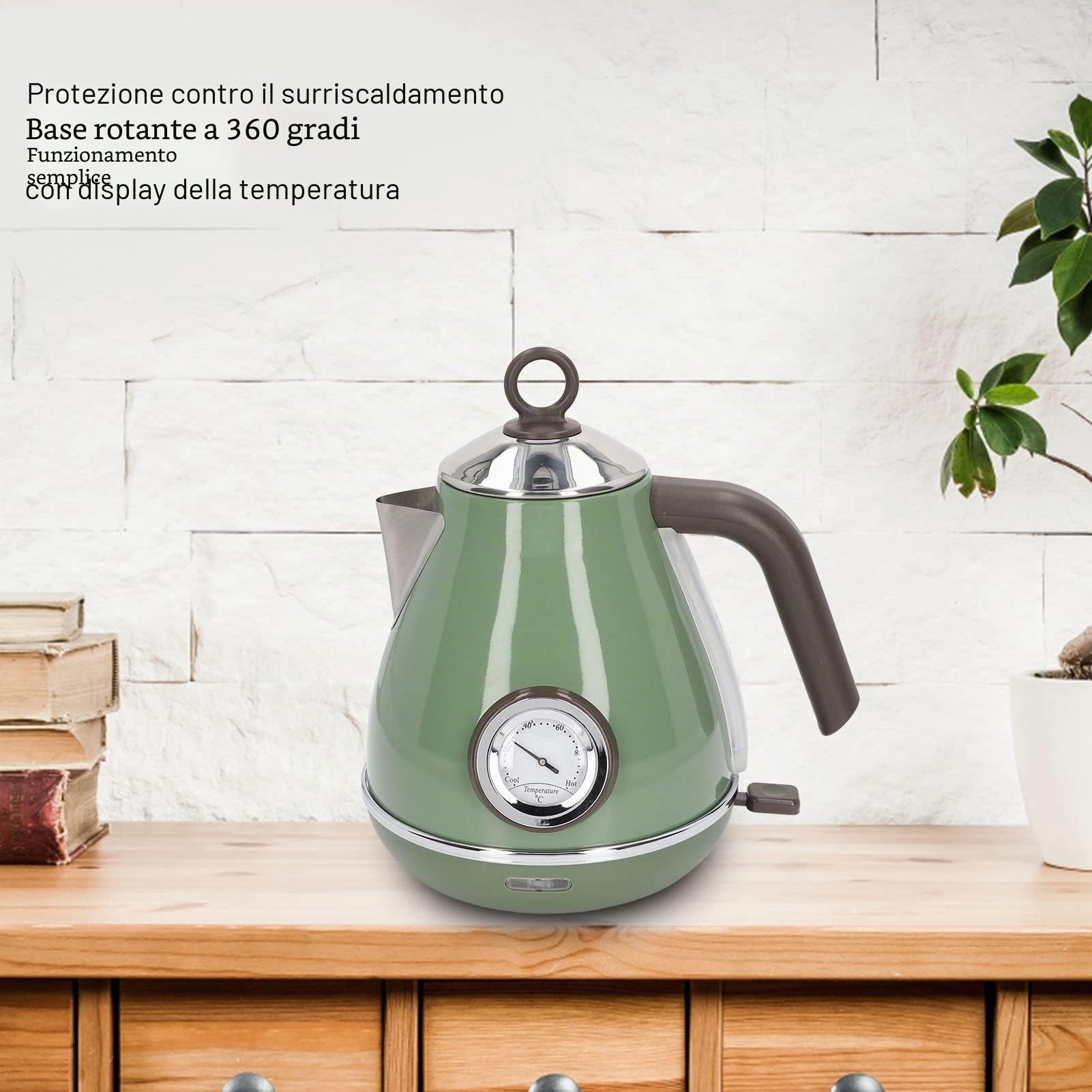 Qcwwy Display della Temperatura del Bollitore Elettrico, Bollitore Elettrico retrò da 1,7 Litri in Acciaio Inossidabile per Spegnimento Automatico dell'Acqua Bollente e Protezione(Atrovirens)