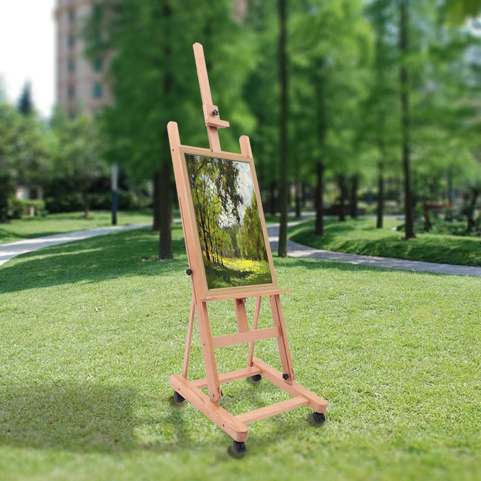 Caballete de madera, caballete grande de estudio, caballete de pintura, soporte móvil e inclinable, disponible en plano
