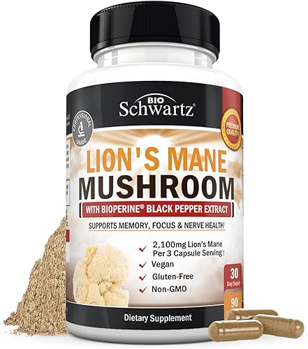 Cápsulas orgánicas de suplemento de melena de león (90 unidades) de 2100 mg de hongos de melena de león con BioPerine para una máxima absorción,