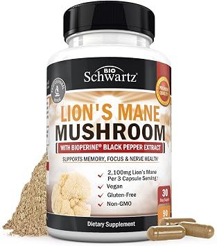 BioSchwartz Organic Lions Mane Supplement Capsules 90 Count 2100mg Lions Mane Mushrooms with BioPerine for Max Absorption, Active Compound Verified, Nootropic Brain Supplements for Memory and Focus
