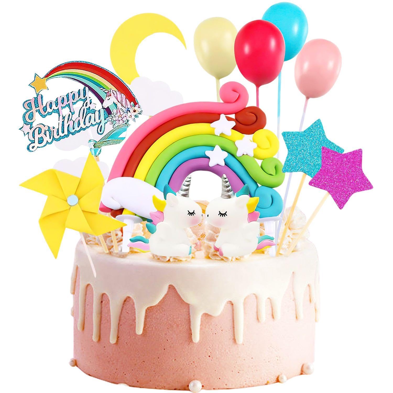 Ffdhwu Girls Rainbow 32 Pieces Birthday Cake Decorations, Kids Cake Accessories, Cake Topper