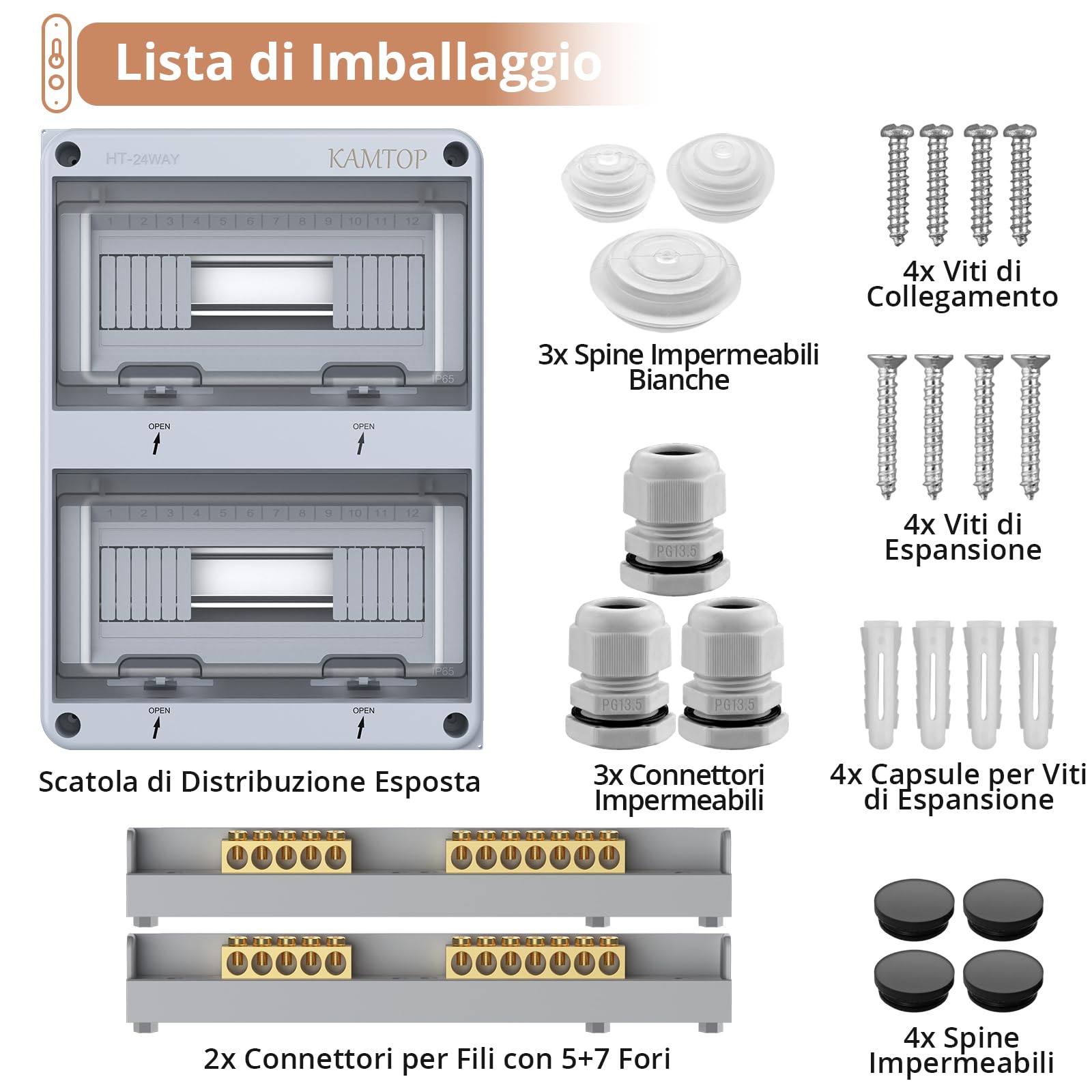 Kamtop Quadro Distribuzione Bifase IP65-24 Moduli a Doppia Fila con 5 Morsetti Trifase e 7 Prese Esterne, Progettato per Cantieri Edili, Vivai Professionali e Impianti Commerciali