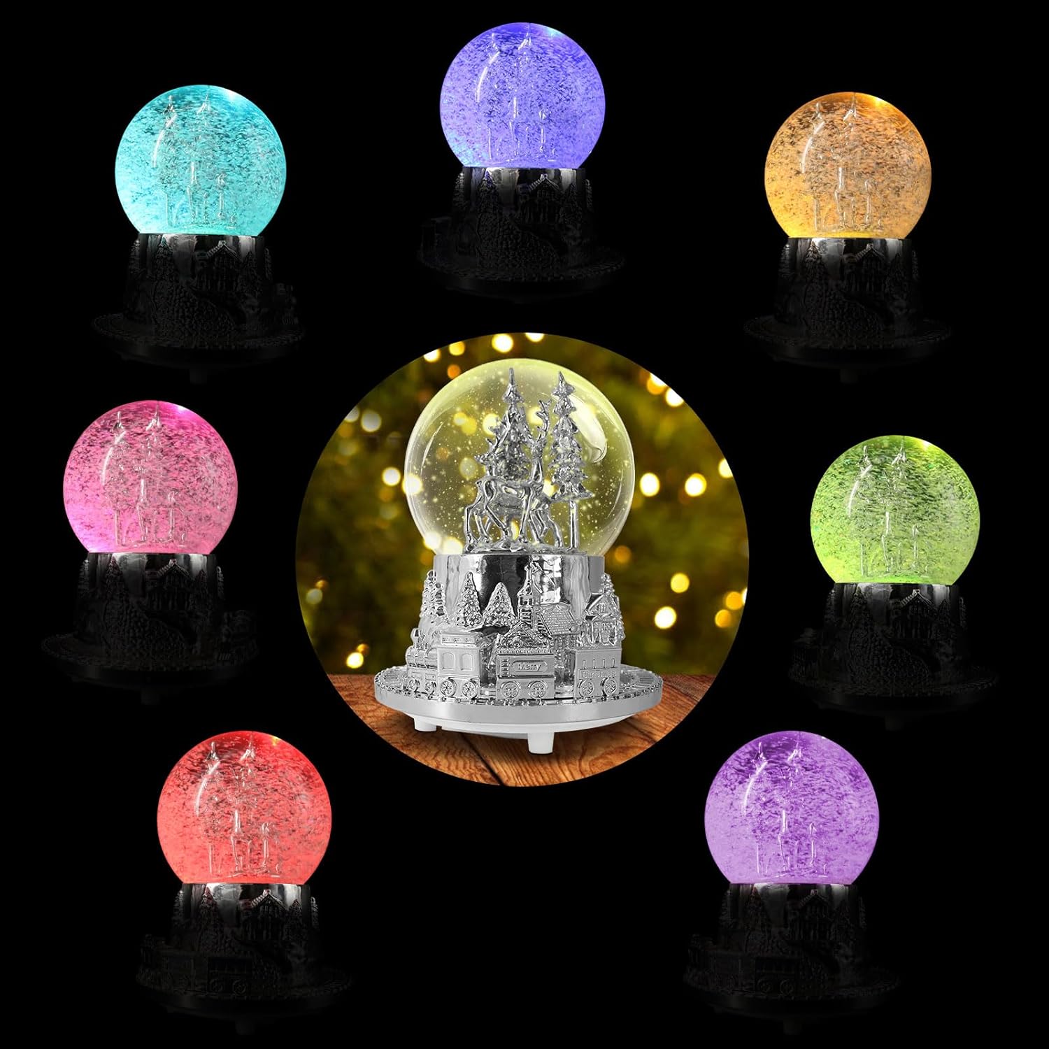 Musical LED Light Up Snow Globe with Rotating Train, Winter White Deer Christmas Decor, 7 Inch Height Cool Water Globe, Valentine's Day Gift for Women Adults - Image 5