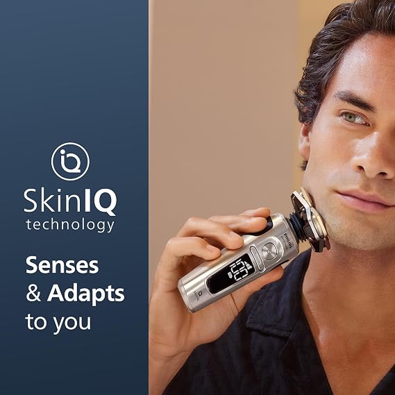 Philips Shaver Series 9000 Prestige, Wet and Dry Electric Shaver, Bright Chrome, Lift & Cut Shaving System, SkinIQ Technology, Qi Charging Pad, Beard Styler, Nose Trimmer, Model SP9871/22