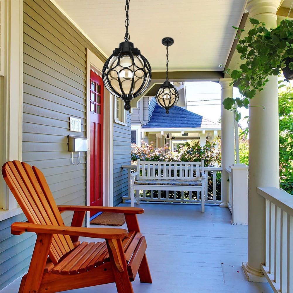 Outdoor Round Pendant Lights for Porch Waterproof Exterior Outside Chandelier Antique Bronze Hanging Lantern Vintage Glass Black Ceiling Lighting for Farmhouse Patio Entryway Front Door