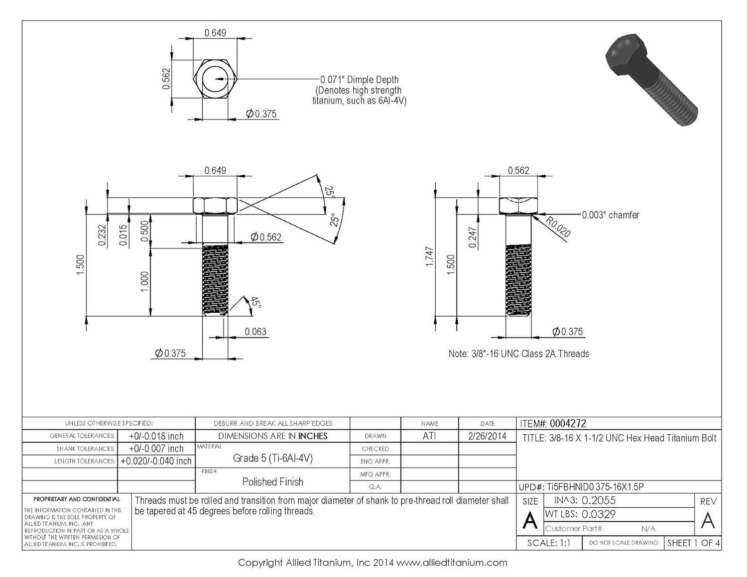 0004272, (Pack of 4) 3/8-16 X 1-1/2 UNC Titanium Hex Head Bolt, Grade 5 (Ti-6Al-4V)