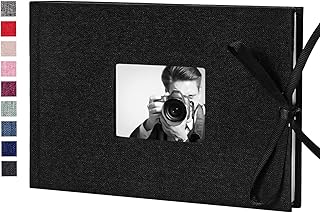 Photo Album 4x6 50 Pockets Linen Frame Cover with Memo Areas Photobook Mini Slip-in Picture Book for Wedding Baby Vacation, Black