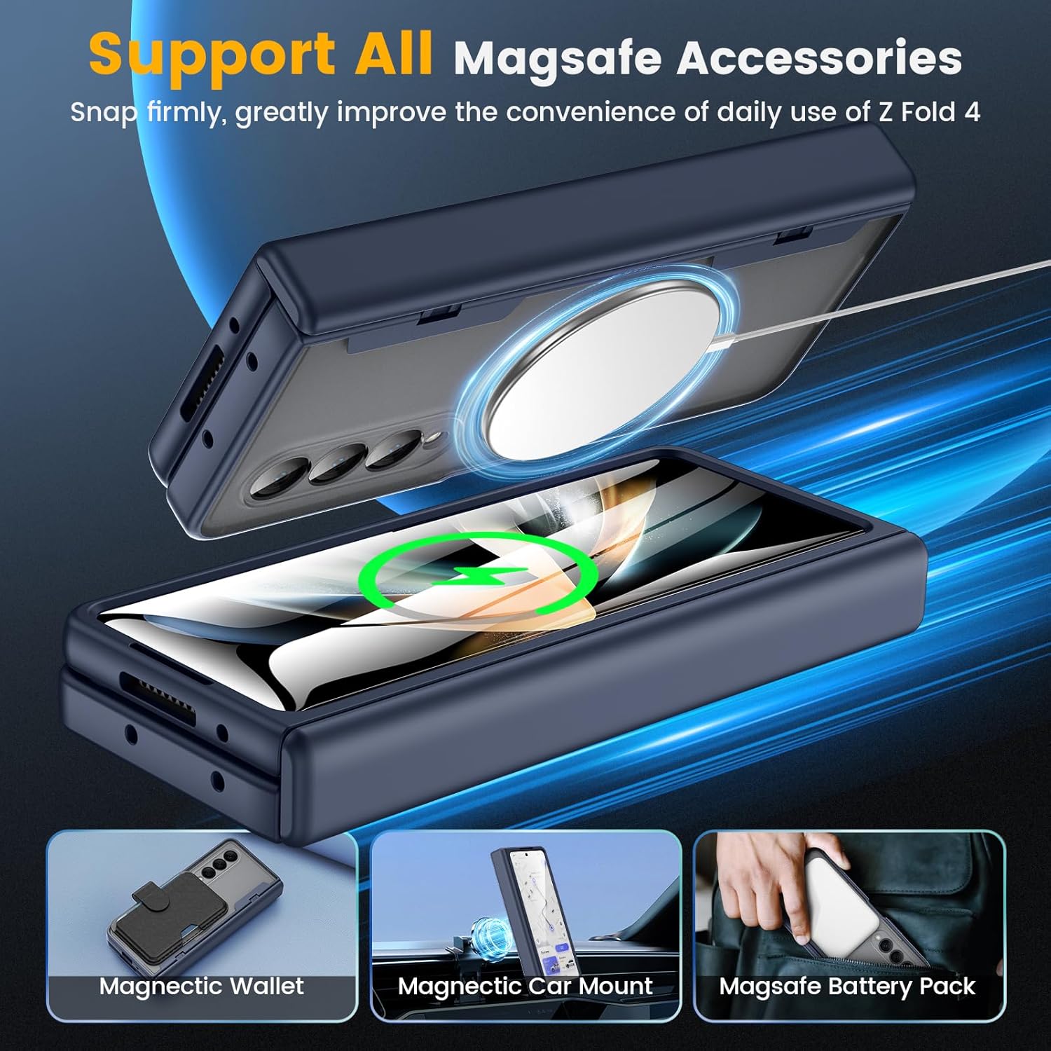 Caka for Samsung Galaxy Z Fold 4 Case [Compatible with Magsafe] [Hinge Protection] [Built-in HD Screen Protector] Translucent Hard Shockproof Magnet Phone Cover for Fold4 - Blue