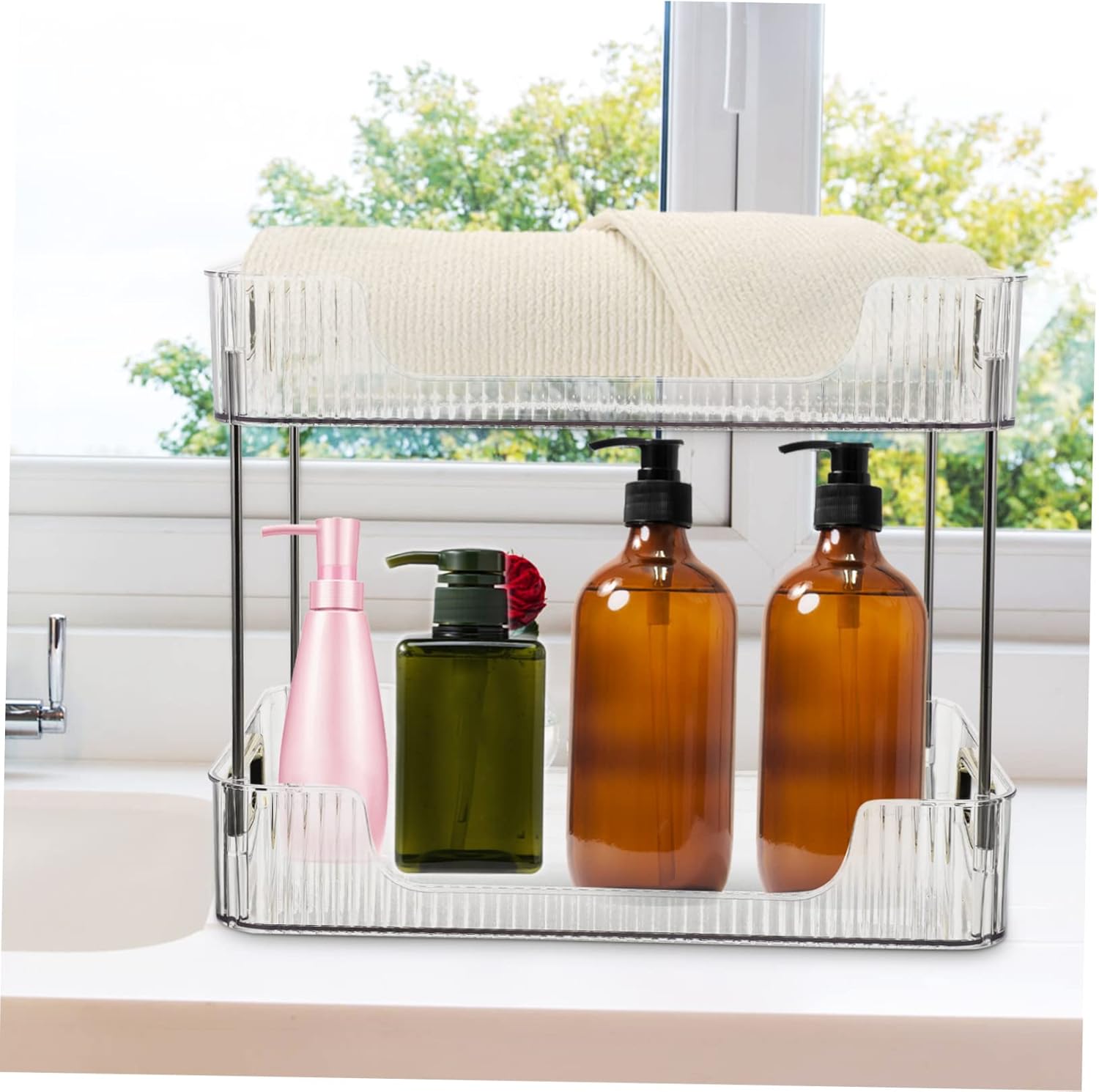 PRETYZOOM Transparent Bathroom Vanity Organizer Dual Layer Storage Shelf for Cosmetics Toiletries Pet for Countertop Dresser Organization