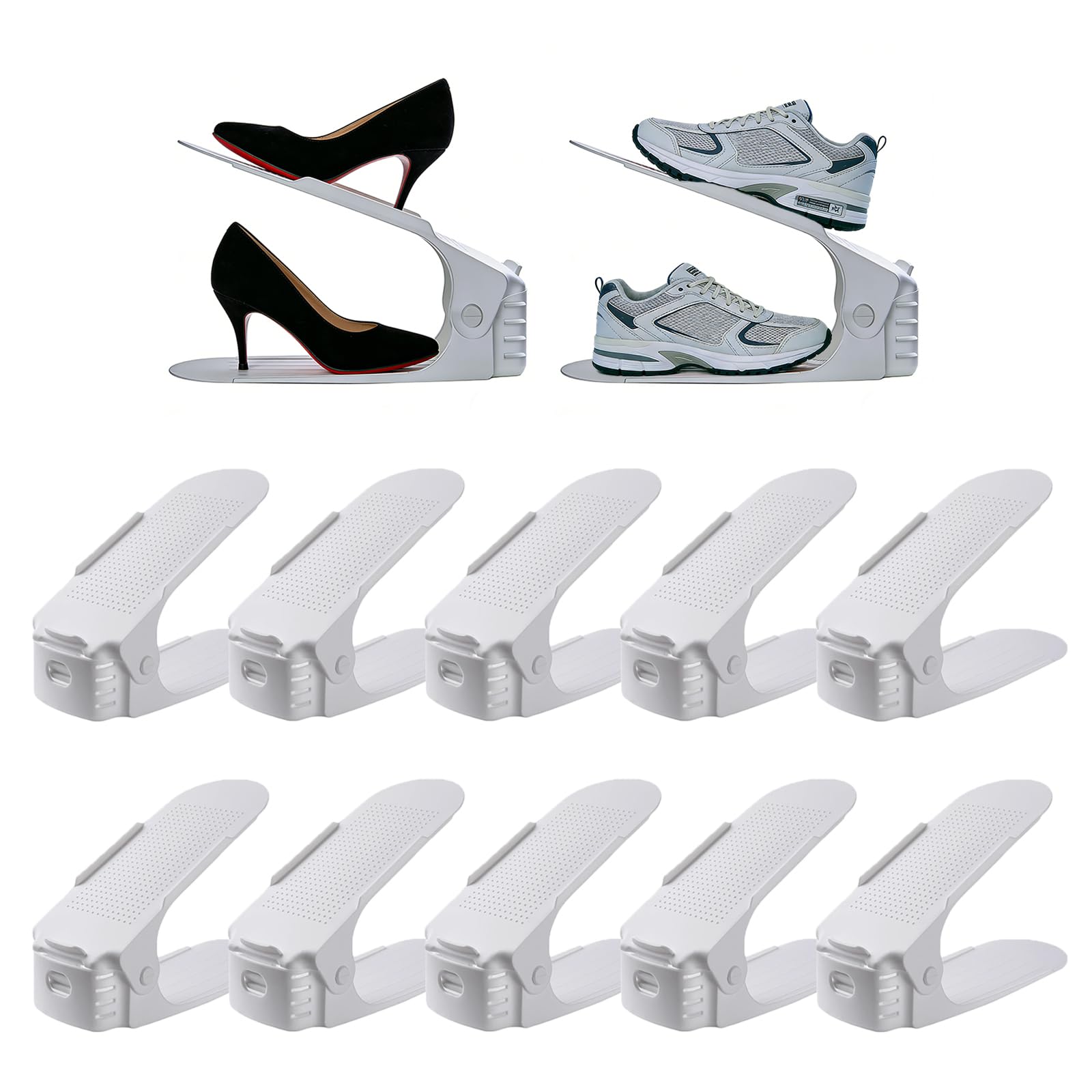 Organizador Zapatos 10 Unidades, de PP Altura Ajustable 3 Niveles, Doble Capa Blanco Ahorro Espacio, Para Zapatero, Entrada y Armario
