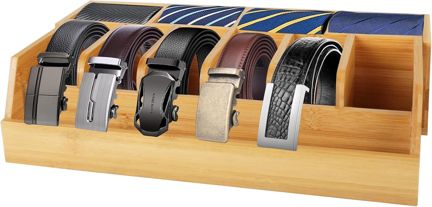 Wooden Belt Organizer, 10 Compartments Belt Organizer for Closet and Drawer, Stylish Belt Storage Display Holder for Men Women’s Belts, Ties, and Jewelry, Black
