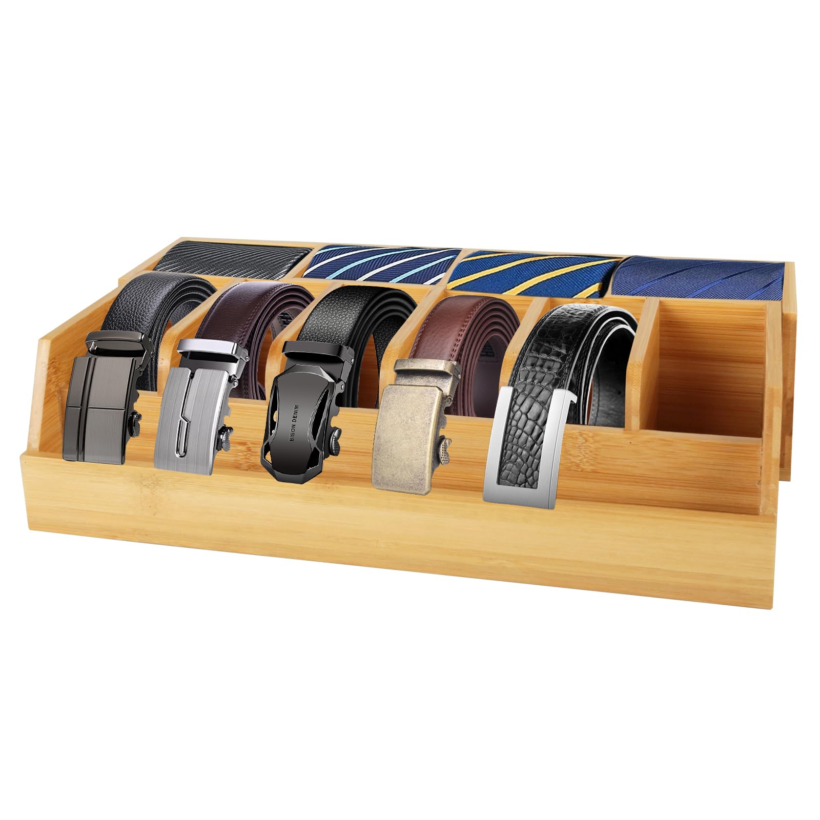 Organizador de Cinturón de Madera, 10 Compartimentos, Soporte de Cinturón de Bambú para Armario y Cajón, Estante de Exhibición para Hombres y Mujeres, Color de Madera