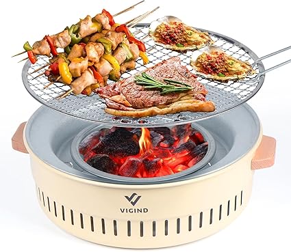 Juflix Mini Charcoal Grill, Portable Barbecue Charcoal Grill, Multipurpose Small Charcoal Grill Stove for Indoor and Outdoor Cooking Camping Hiking Picnics BBQ Tool Kits with Baking Tray