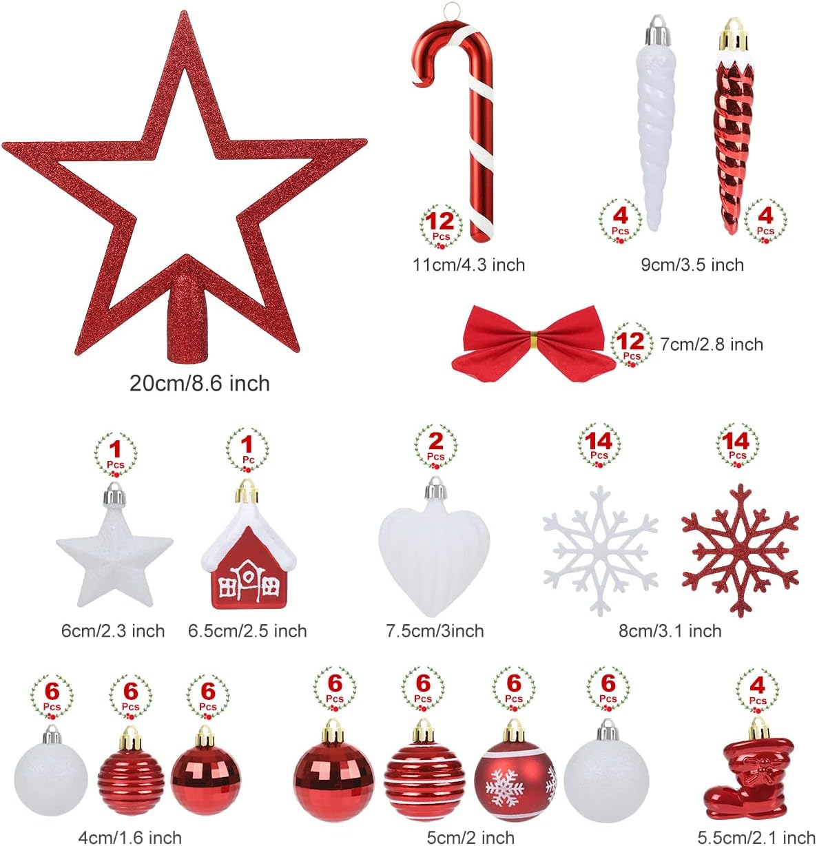 Naler 111 Pieces Assorted Christmas Ball Ornaments Shatterproof Christmas Tree Balls Decorative Baubles Hanigng Ornaments for Christmas Tree Garland Holiday Party Decoration, Red and White