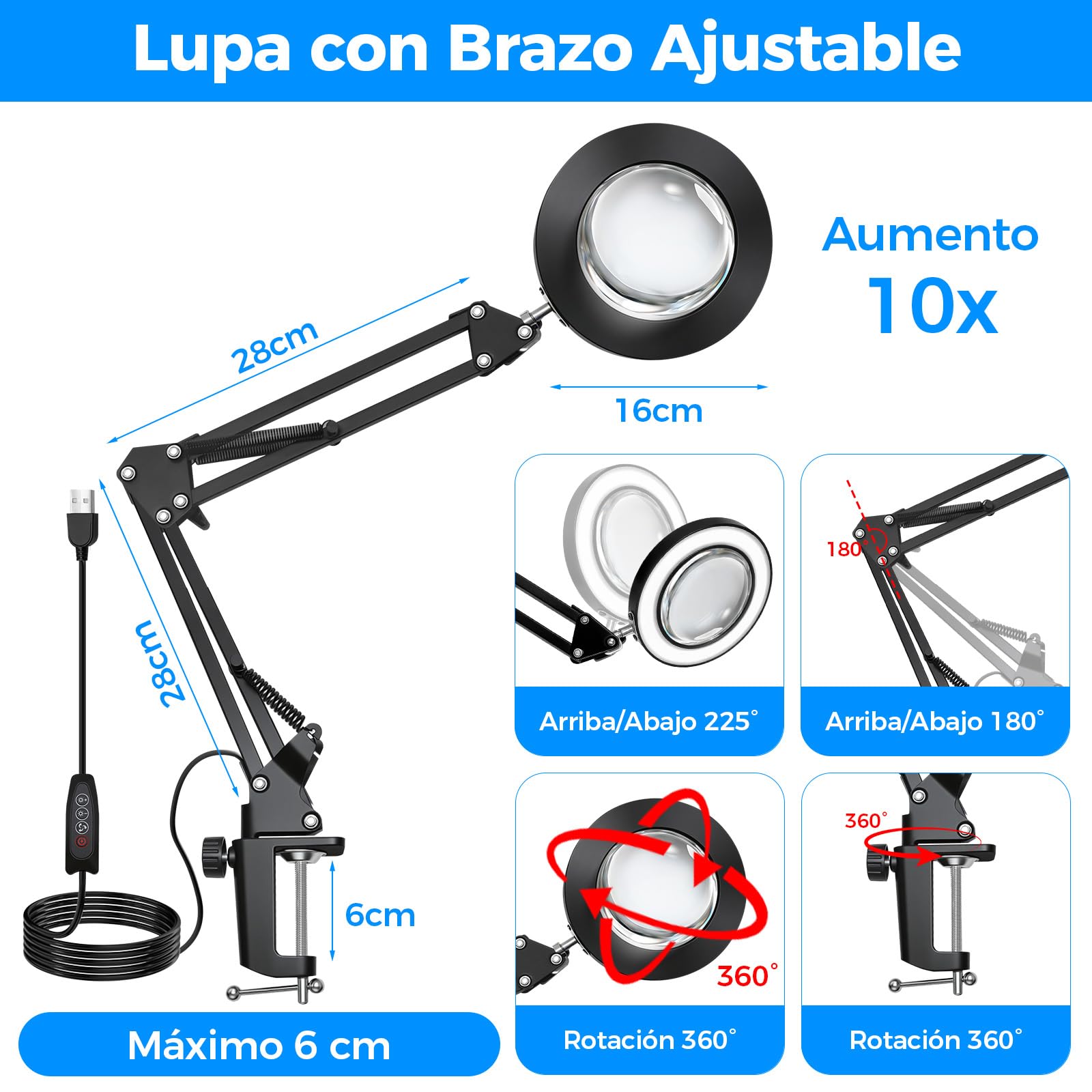 Lupa con Luz y Soporte, Lupa LED de 10 Aumentos con Clip | Lámpara de Aumento, 3 Modos de Color y Lupa LED Regulable, Ideal para Reparaciones de Bricolaje y Primeros Planos