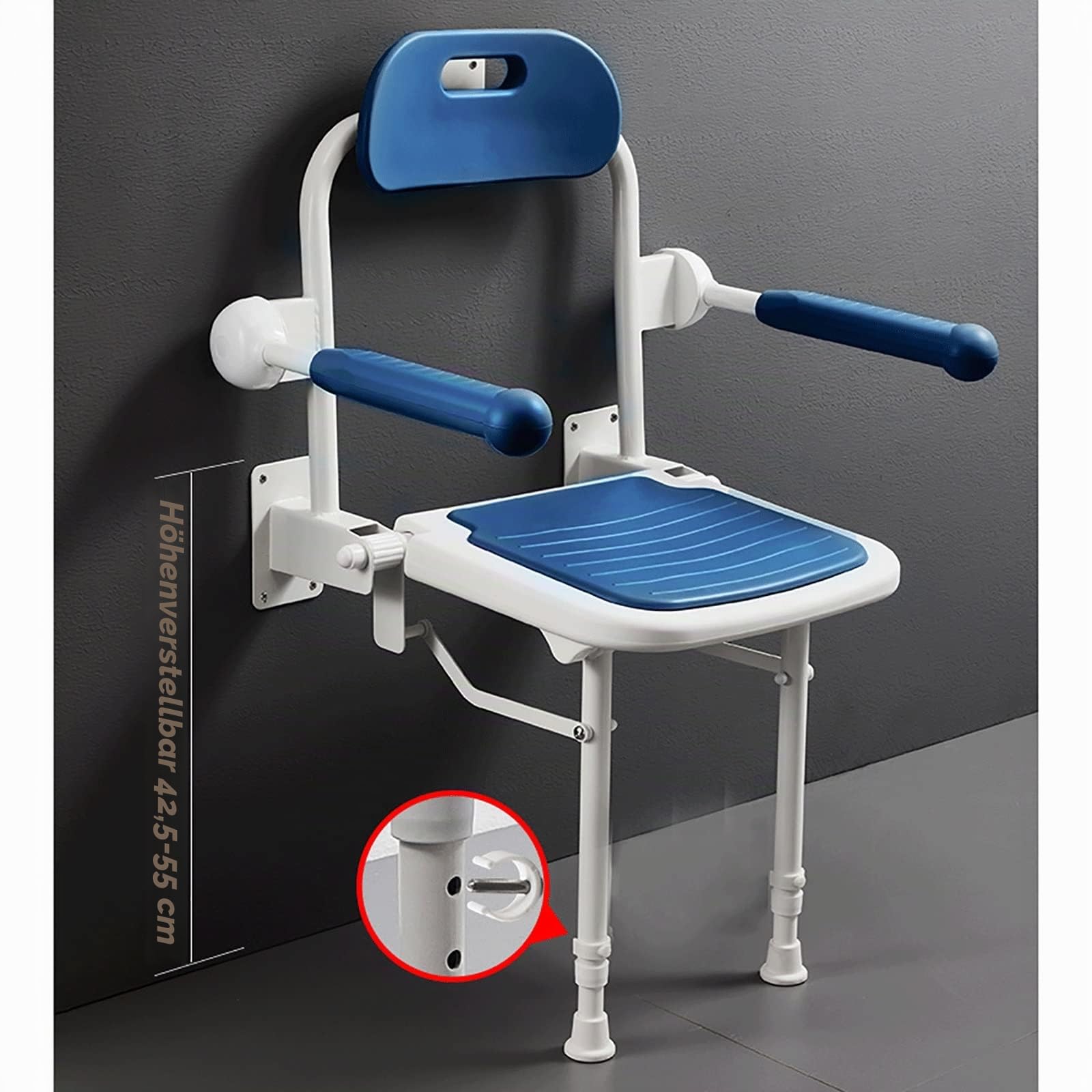 Daten Klappbarer Duschsitz Mit Armlehnen, Wandmontierter Duschbankhocker, Höhenverstellbarer Klappstuhl Mit Stützbein Und Rückenlehne, Belastung 190 Kg (Color : Grey)