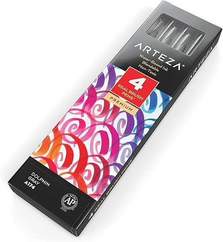 Miniatura 2 de Arteza Bolígrafos de pincel real, A174 gris delfín, paquete de 4, bolígrafos de acuarela con puntas de pincel de nailon, suministros de arte para