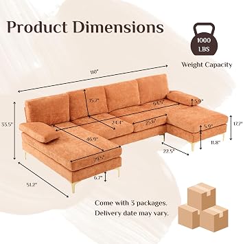Karl home 110 Sectional Sofa U-Shaped 4-Seat Couch, Orange