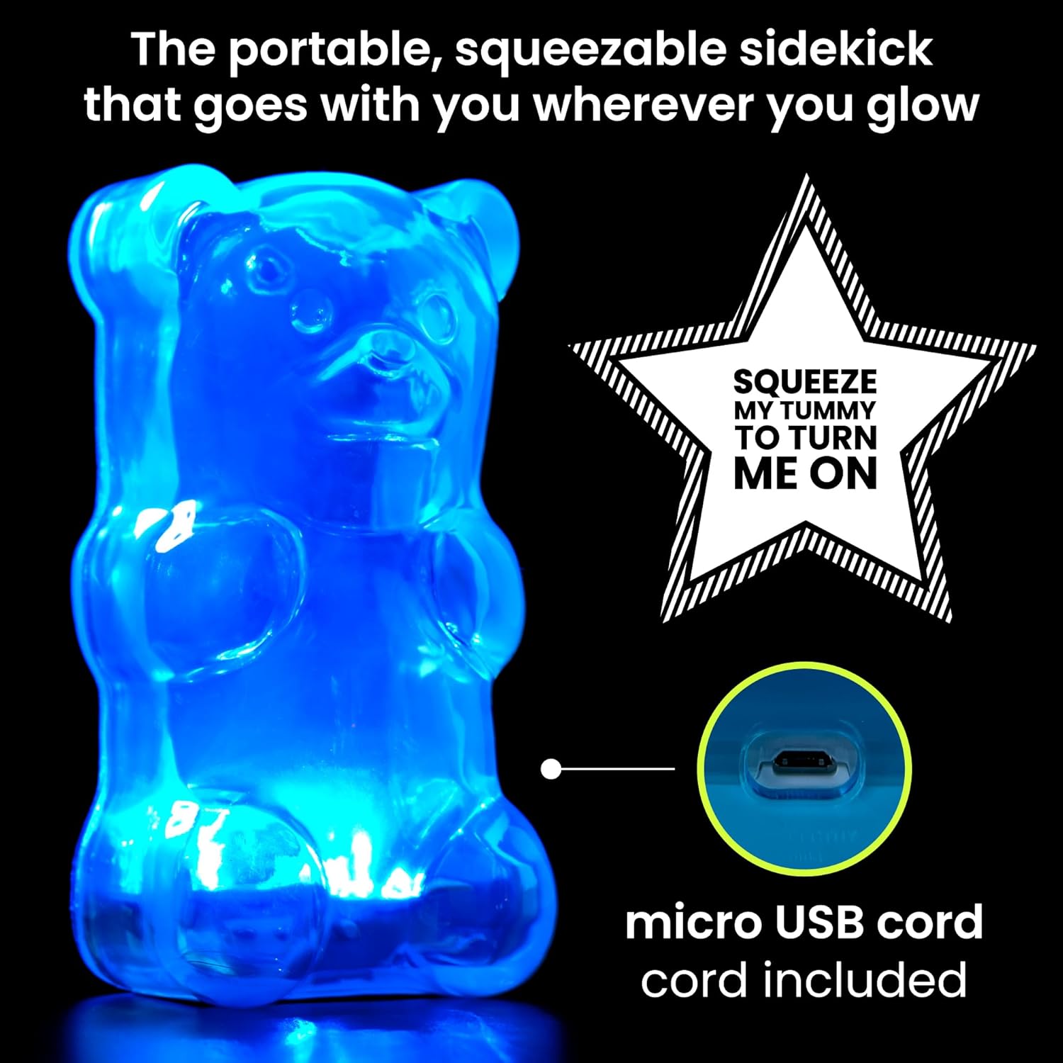 Gummygoods Squeezable Gummy Bear Night Light - Rechargeable, Portable, Squishy Lamp, 60-Min Sleep Timer - Christmas Gift for Kids & Adults, Baby Nursery, and Dorm Rooms - (Blue)