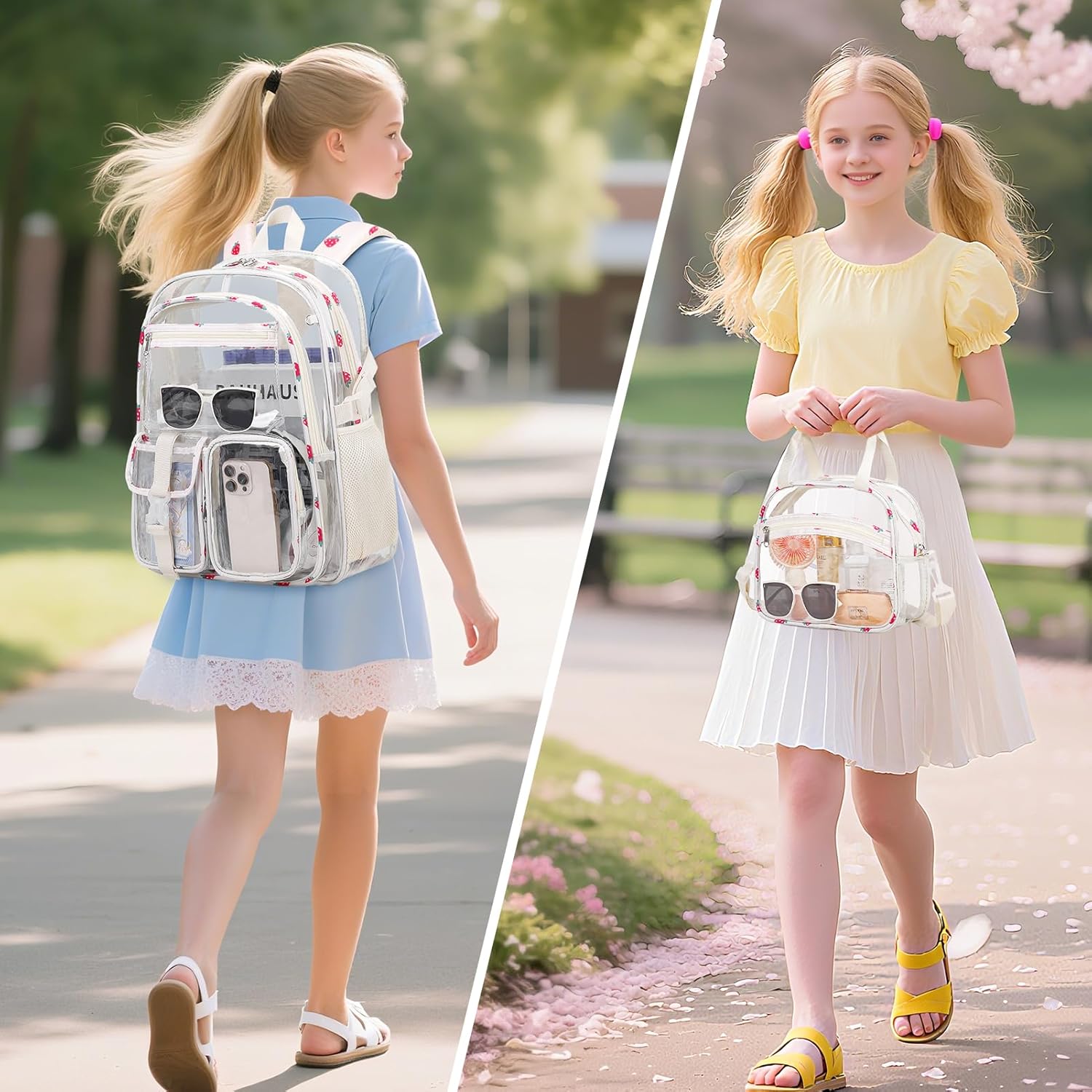 Scothen Clear Backpack for Girls, 3PCS PVC Transparent Girls School Bookbag Heavy Duty Stadium Approved, See Through Backpack Schoolbag for Kindergarten Elementary Middle School Travel