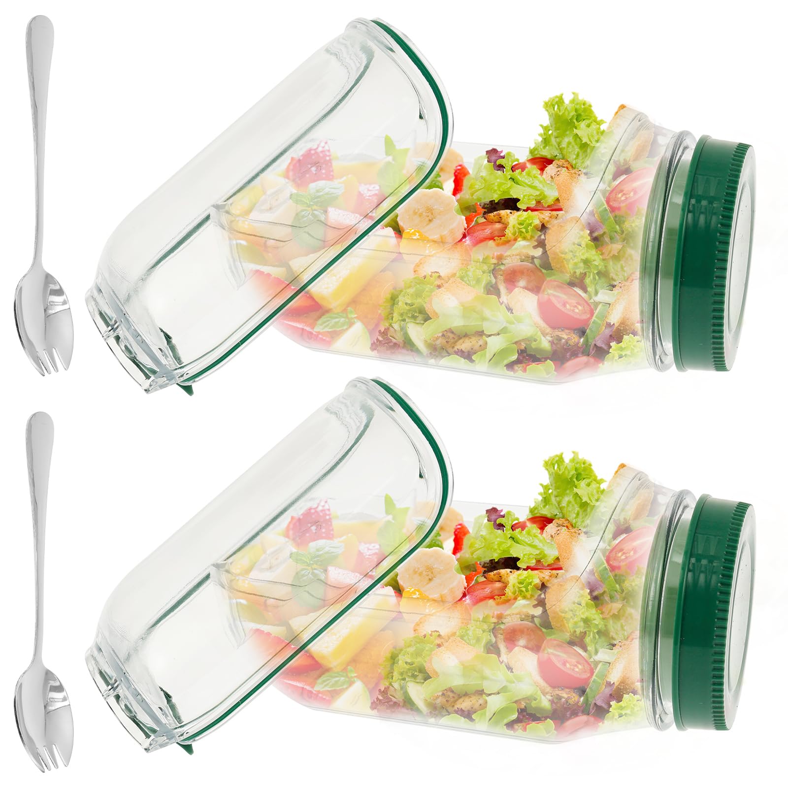 Salad Pod Container, Vertical Layering Salads Pod Built-In Bowl Design, Plastic Salad Jar with Side Opening, Portable Fresh Salads Storage Container with Fork for Lunch Travel Camping (Green 2 Pcs)