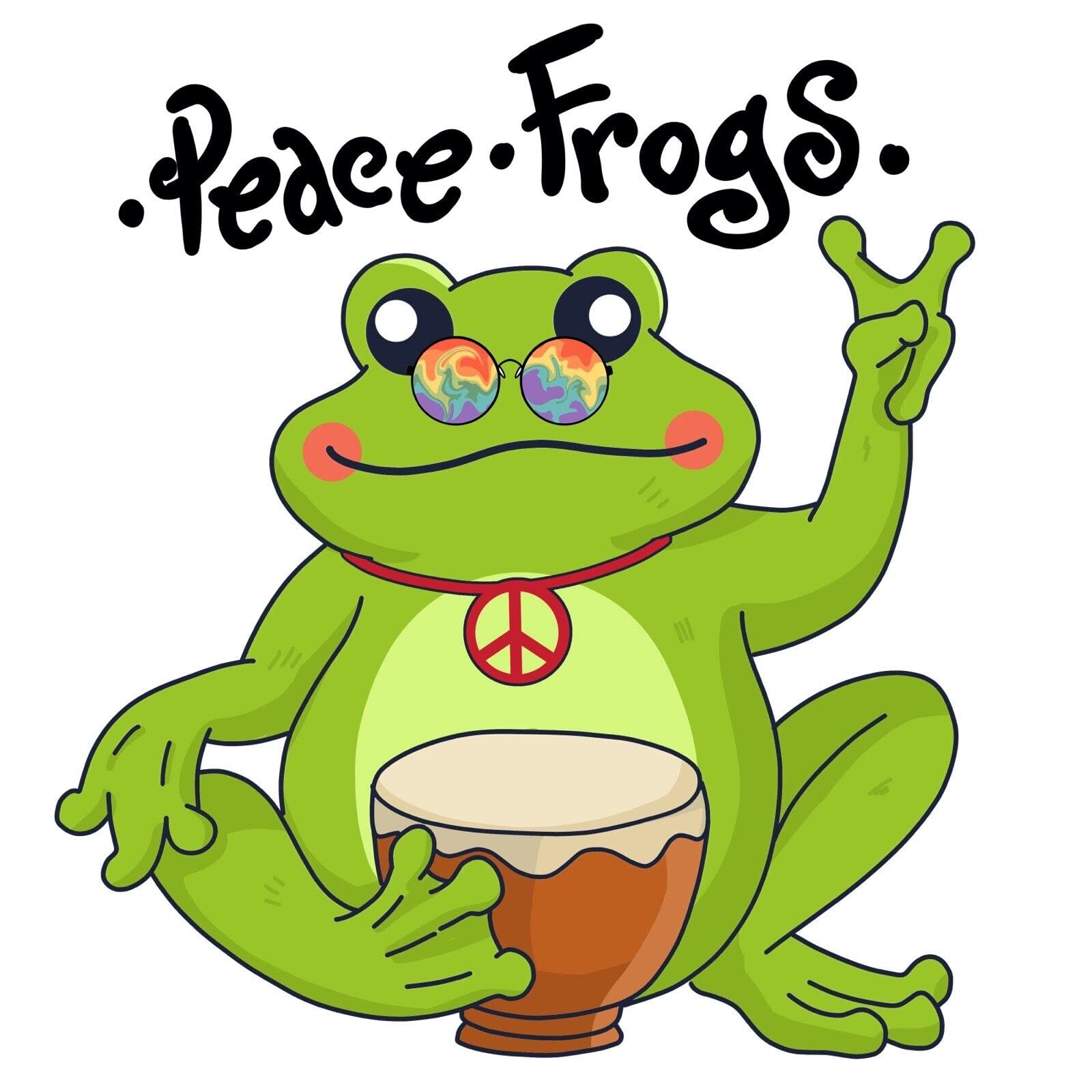 Peace Frog Sticker Green Cute Hippie Boho 60s Hippy Groovy Drum (3 Inch)