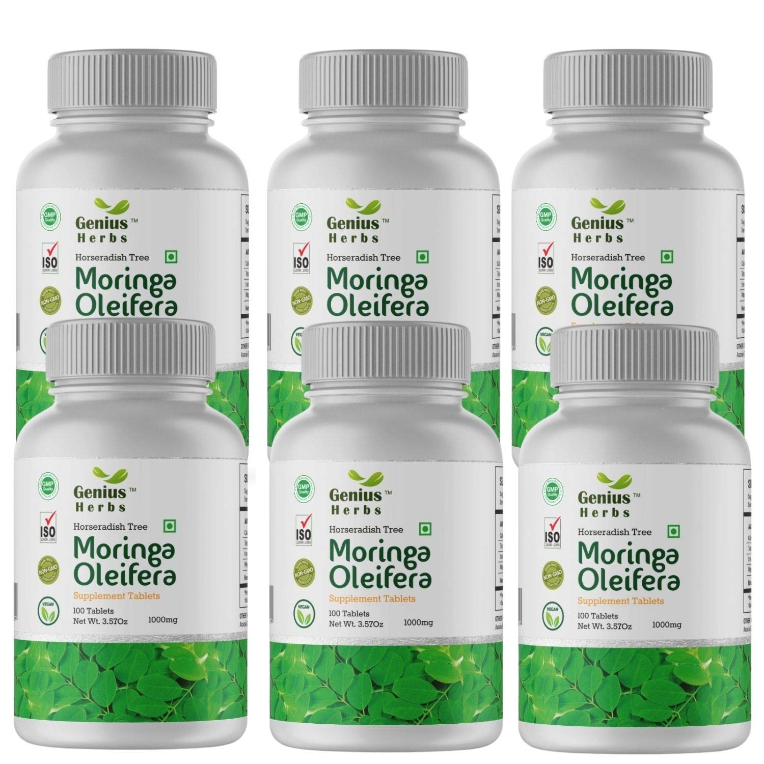 Genius Herbs Moringa Oleifera 1000 mg Per Serving Tablets 180no.s of 500 mg Best Super food/Natural Source of Vitamins, Minerals, Proteins and Amino Acids Pack of 6| 270 days of Supply