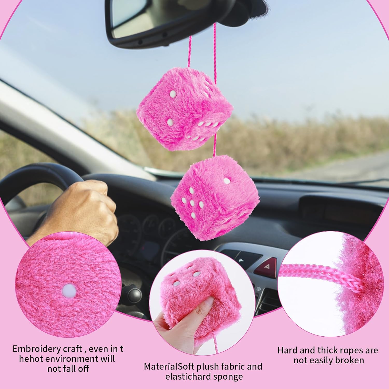 Pair of 2.75” Fuzzy Dice for Car Mirror, Retro Hanging Ornament with White Dots, Plush Car Interior Decoration, Pink