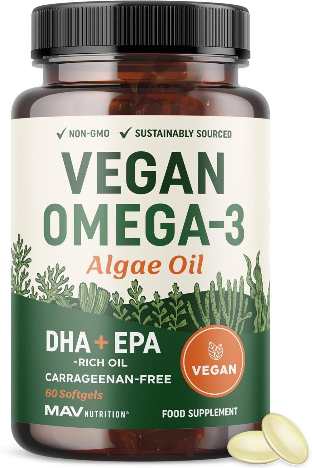 Vegan Omega 3 Algae Oil | Plant Based DHA EPA | Sustainably Sourced, No Carrageenan, Non GMO | Heart, Brain, and Eye Health | Fish Oil Alternative | Algae Omega 3 Supplement | 60 Softgel Capsules