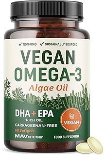 Vegan Omega 3 Algae Oil | Plant Based DHA EPA | Sustainably Sourced, No Carrageenan, Non GMO | Heart, Brain, and Eye Health | Fish Oil Alternative | Algae Omega 3 Supplement | 60 Softgel Capsules