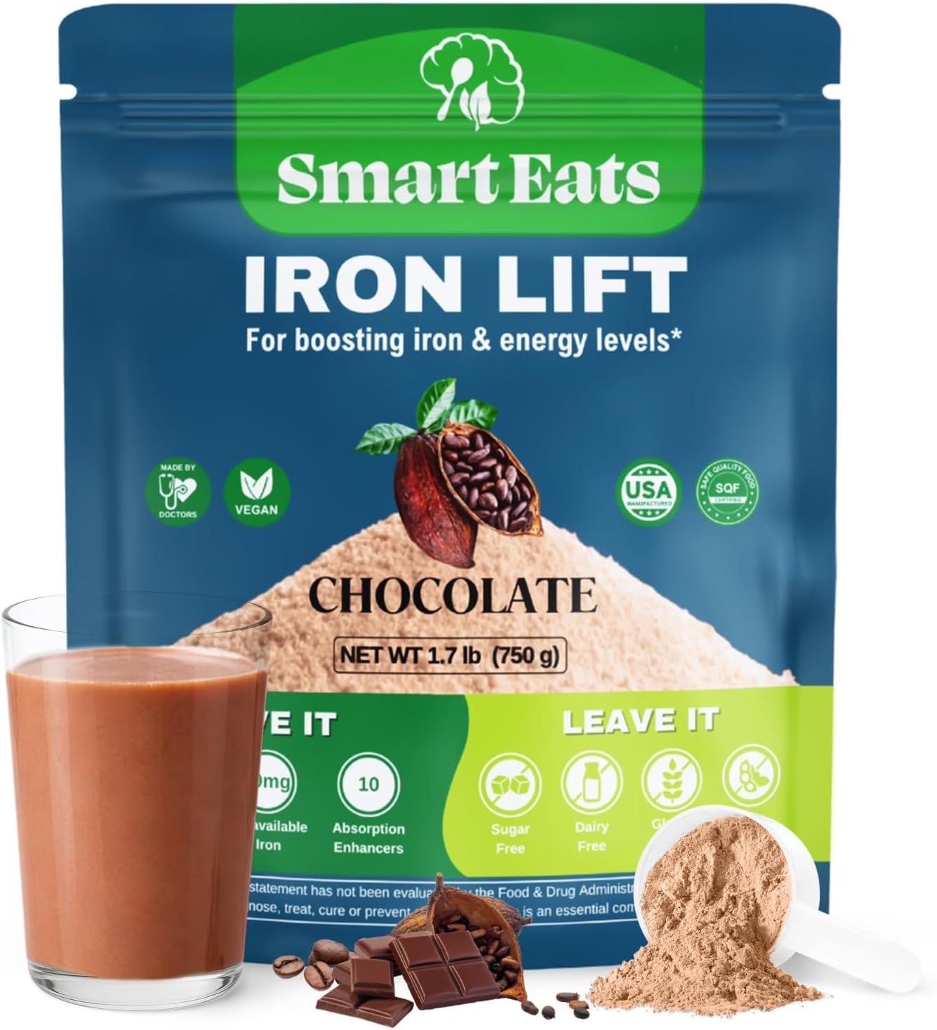 Smart Eats - Iron Powder | Highly Absorbed | Avoids Side Effects | Complete Nutrition: Protein, Vitamins, Fiber, Antioxidants | Makes Tasty Drinks & Shakes | Vegan | Chocolate Flavor | 30 Scoops