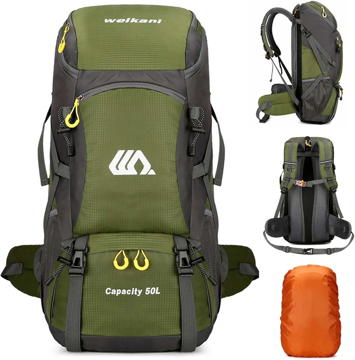 Hiking Backpack Men's 50L Travel Backpack Women's Trekking Backpack Large Waterproof Backpack Military Green Hiking Backpacks with Rain Cover for Cycling Hiking Camping Mountaineering Sports Outdoor