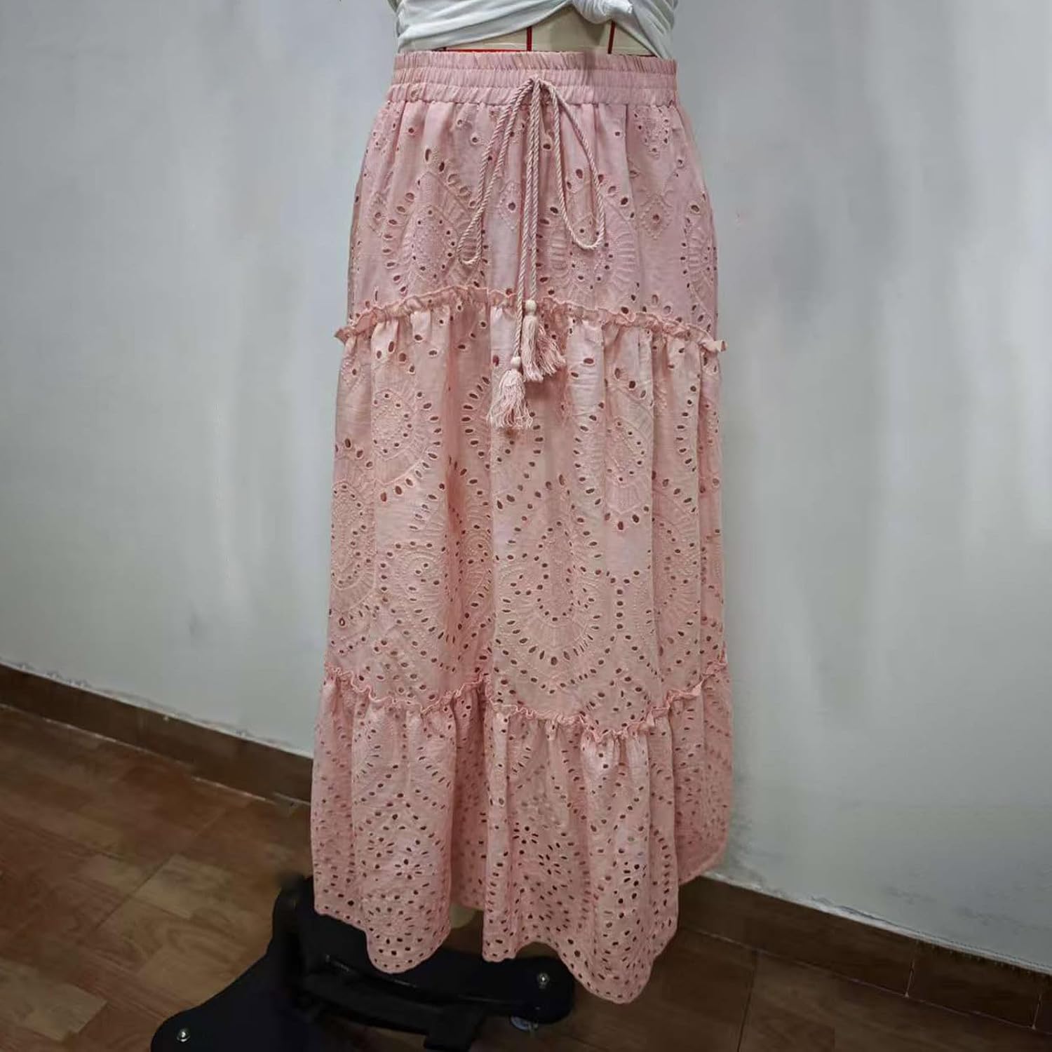 Women's Boho Elastic Waist Crochet Eyelet Embroidered Tiered Flowy A-Line Maxi Skirts Spring Summer 2026