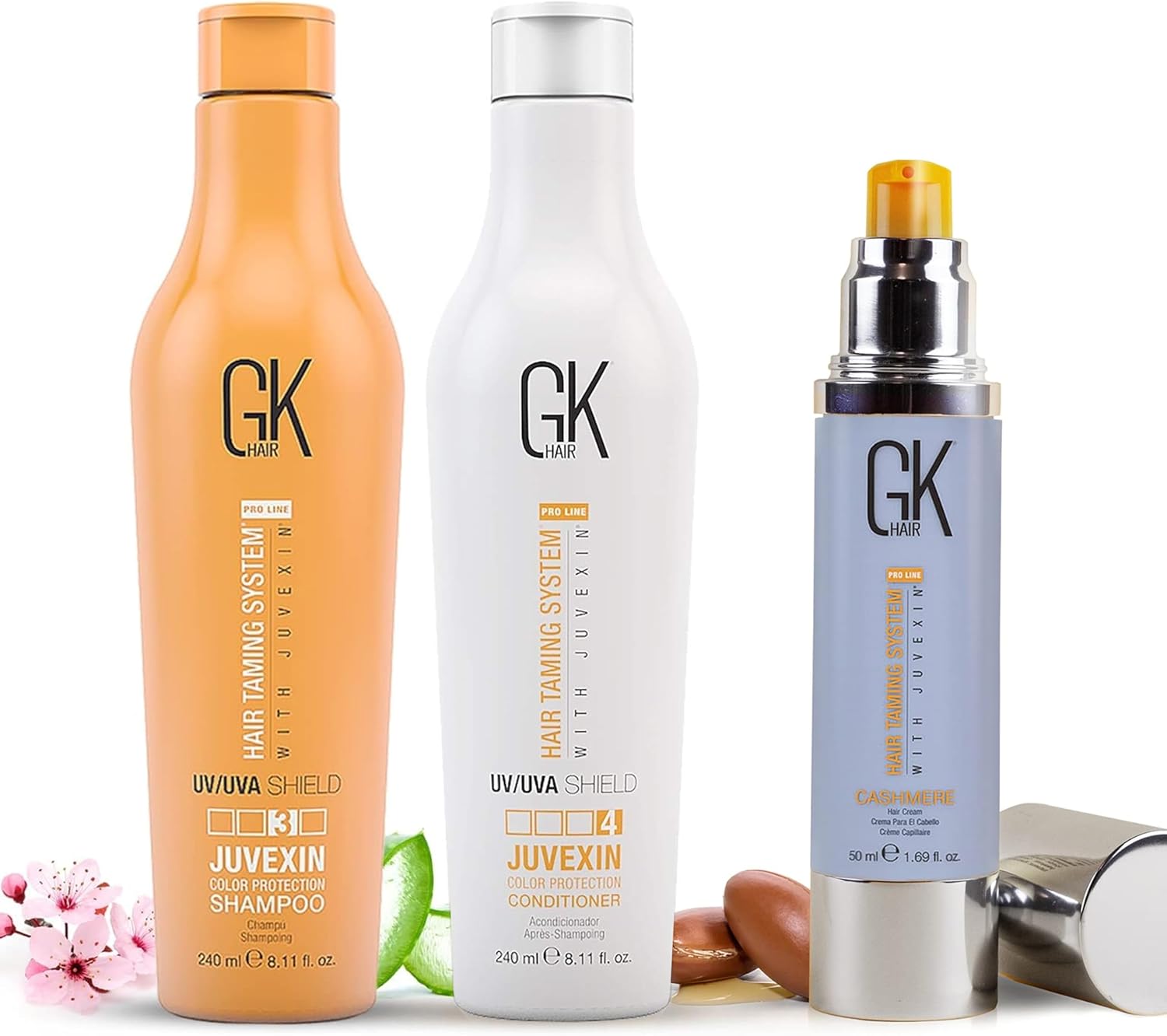 GK HAIR Shield Shampoo en Conditioner 240 ml met Leave-In Cashmere Cream 50 ml voor gekleurd haar, vochtinbrengende bescherming, UV-bescherming, antikroescontrole en hydratatie