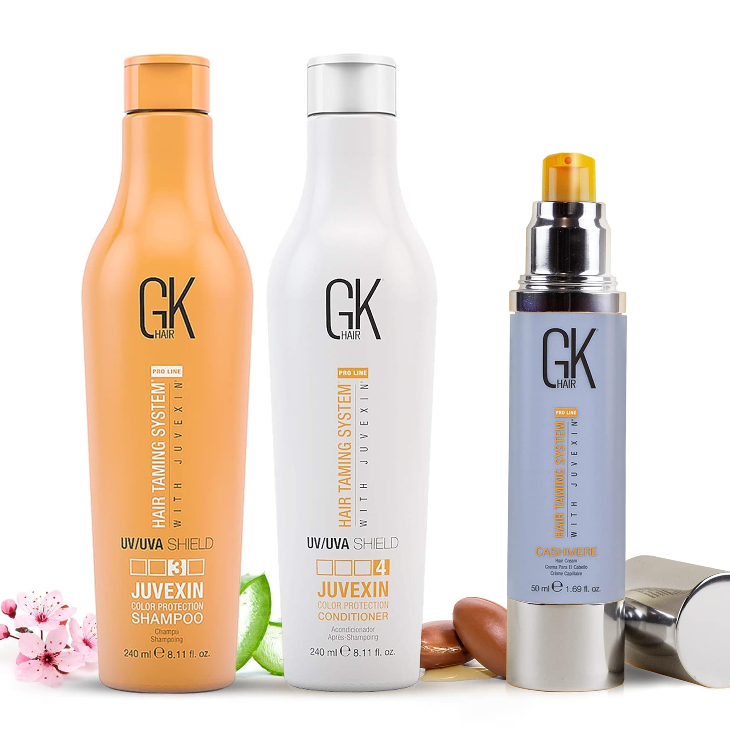GK HAIR Shield szampon i odżywka 240 ml z Cashmere Cream Leave-In 50 ml do włosów farbowanych, ochrona przed nawilżeniem, ochrona przed promieniowaniem UV, kontrola puszenia się i nawilżenie