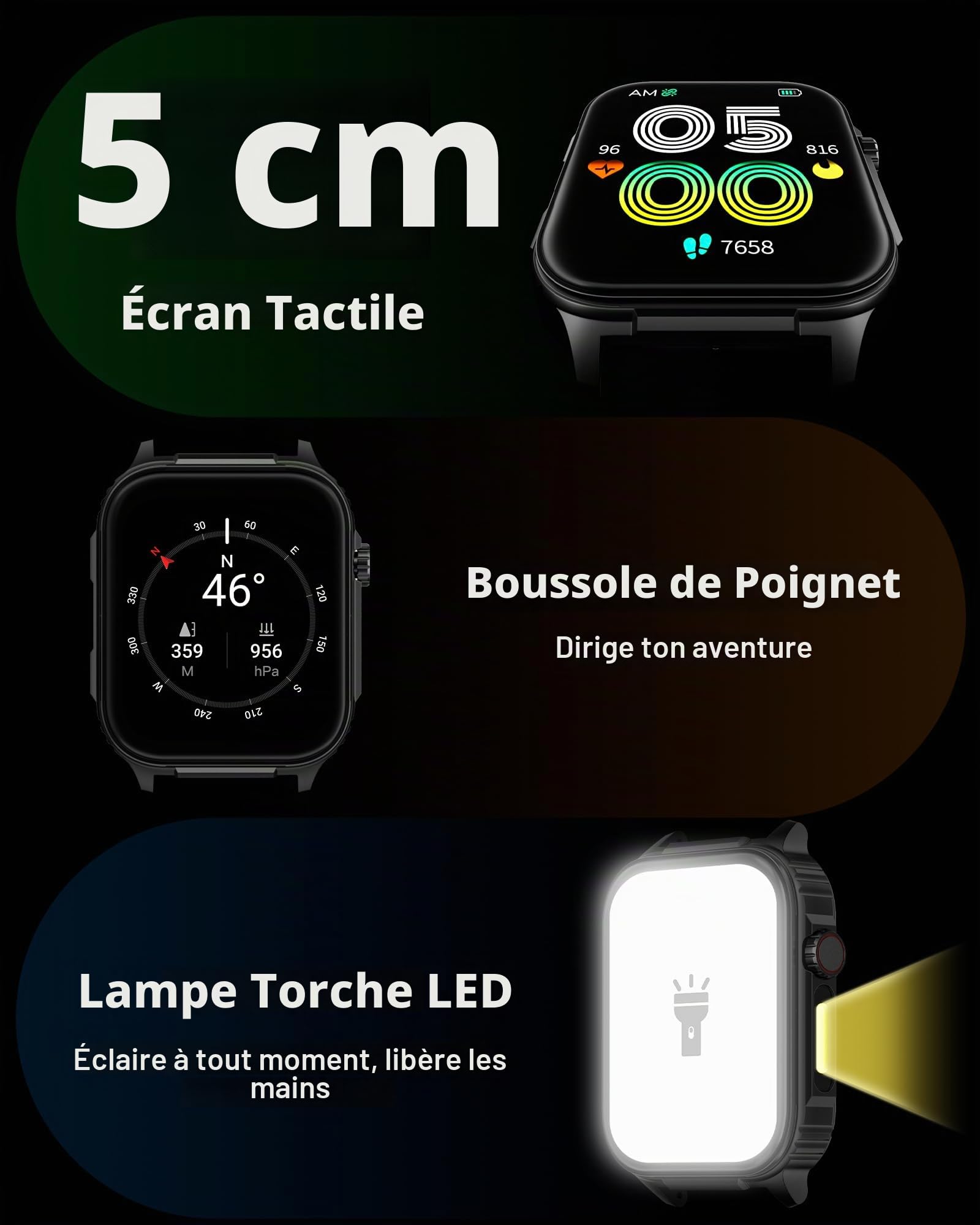 Parsonver Montre Connectée Homme avec GPS Intégré, Autonomie de 10 Jours | Smartwatch avec Boussole, 400+ Cadrans, 100+ Sportifs, Appels Bluetooth, Fréquence Cardiaque, Sommeil (Noir, 1.95")