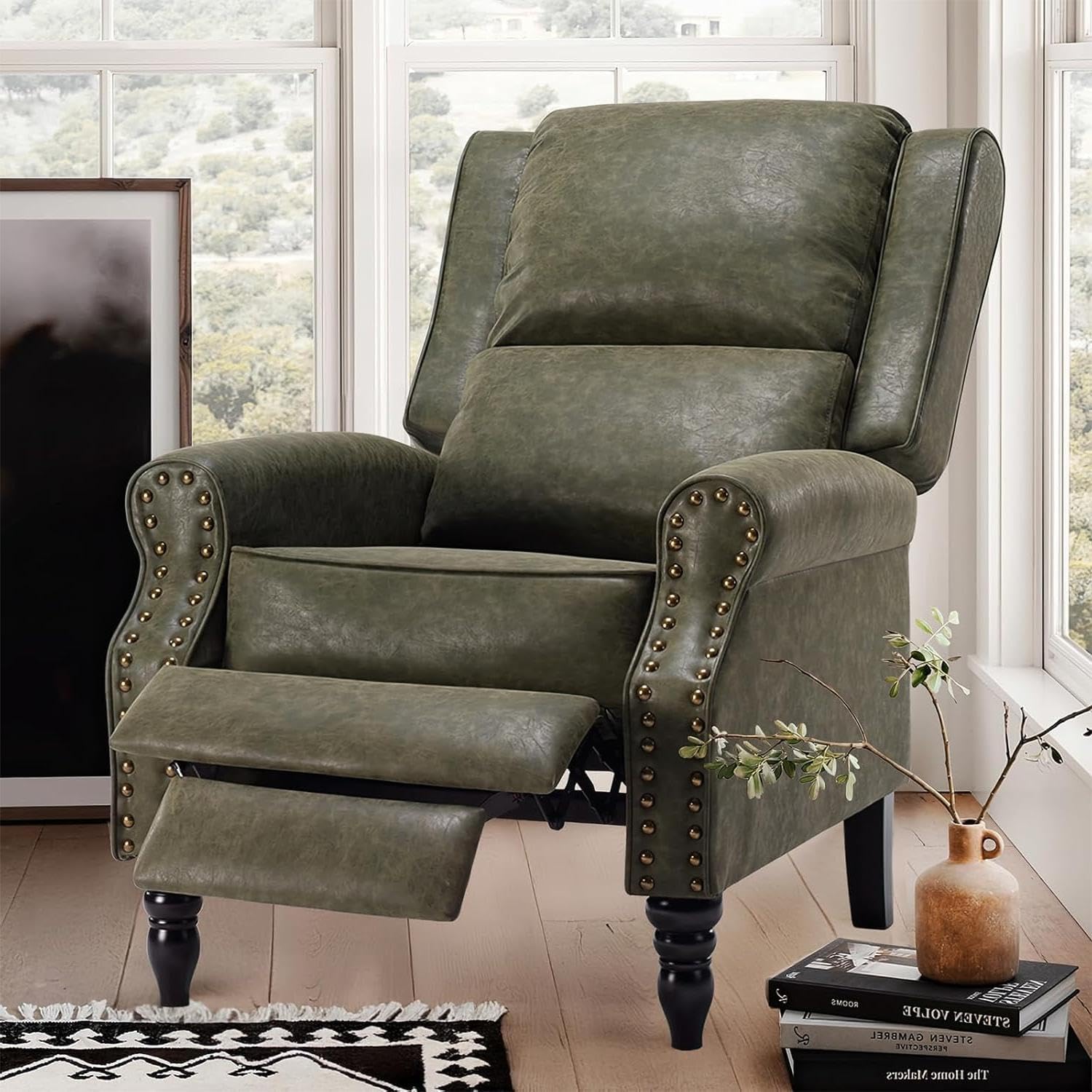 Outdoorchairs Dark Green Leather Pushback Recliner Chair - Adjustable Backrest Footrest, Overstuffed Arms Lumbar Support for Living Room Reading