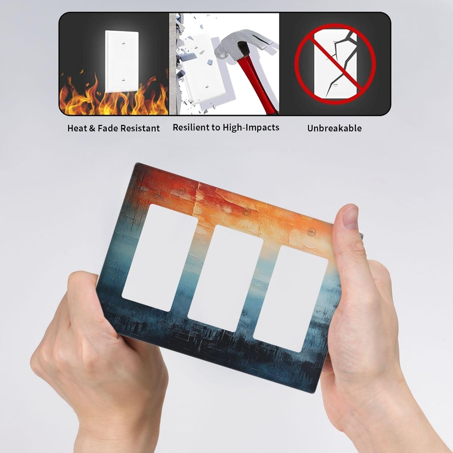 Blue Orange Abstract Modern Minimalist Oil Painting Triple Rocker Light Switch Covers 3 Gang Outlet Cover Wall Plates Decorative Switch Plates Electrical GFCI Faceplate Switchplate 4.49 X 6.38 IN